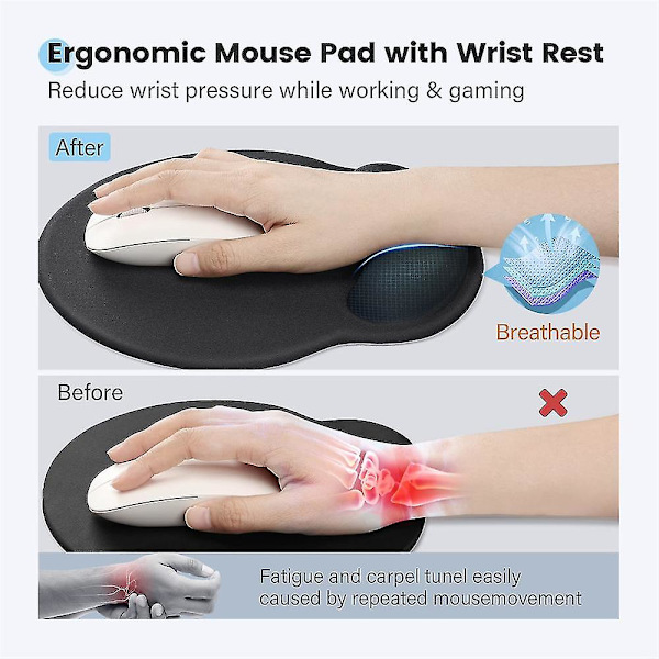 2-pack ergonomiska musmattor med bekvämt och kylande gel handledsstöd, halkfri PU-bas för enkel smärtfri skrivning