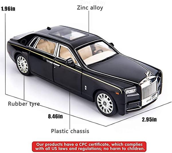 1/24 Rolls-Royce Phantom Modelbil, Zink Legering Træk Tilbage Legetøj Die-Cast Legetøjsbiler Med Lyd Og Lys Til Børn Dreng Pige Gave (Sort)