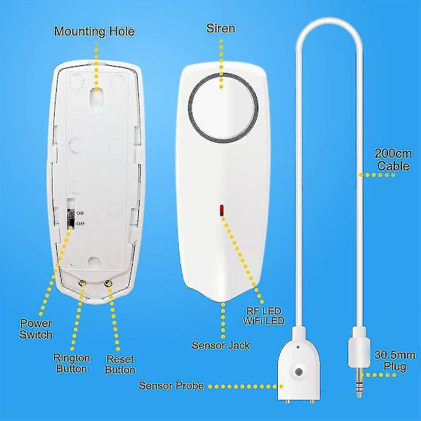 Vattenlarmsensor, WiFi Vattenläckagedetektor, Översvämningsläckagevarningar, Fjärrövervakning