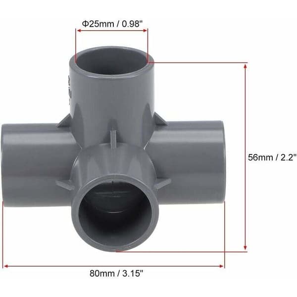 Grå 4-vejs PVC-fitting Ø25 mm, rørforbinder til robust samling, ideel til VVS, gør-det-selv og havestrukturer