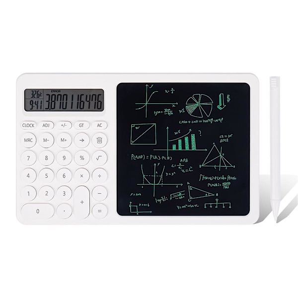 Lommeregner med LCD-skrivetavle, 2-i-1 skrivebordslommeregner med elektronisk kalender og tid