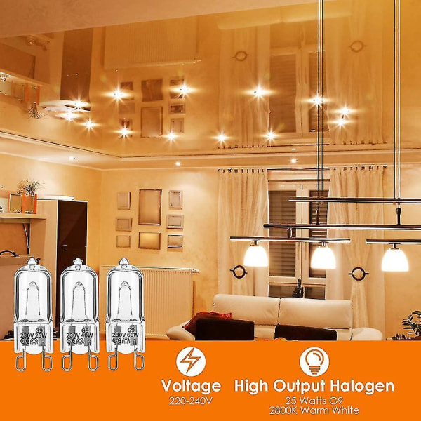 20 stk G9 halogen lyspærer, 40W klare halogenlamper dimmbare, varm hvit 2800K for lysekroner, anhengslamper, landskapsbelysning