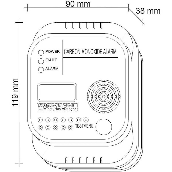 Kolmonoxiddetektor, batteridriven, gasdetektor med display och temperaturmätare