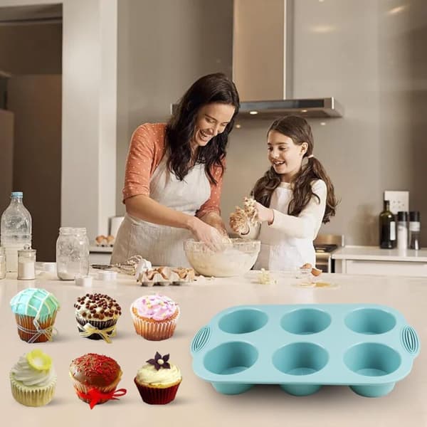 Sett med 3 silikonmuffinsformer (grå, rosa, påfuglblå) - Silikonmuffinsform, ideell for cupcakes, brownies og puddinger