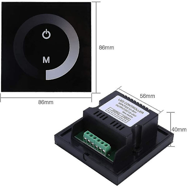 Dc 12v-24v Dimmer Switch Vægmounted Touch Panel Controller, Monokrom Led Strip Lysstyrke Justerbar Dimmer, Touch Screen Led Dimmer Switch (sort)