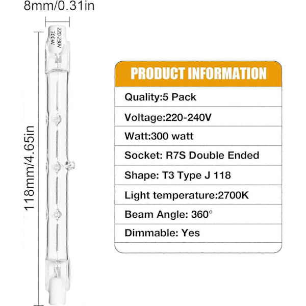 Förpackning med 5 st 300W R7s Linjära Halogenlampor, Säkerhetsbelysning, 2700K 220-240V 118mm Längd, Lämplig för Taklampor, Golvlampor, Landskapsbelysning