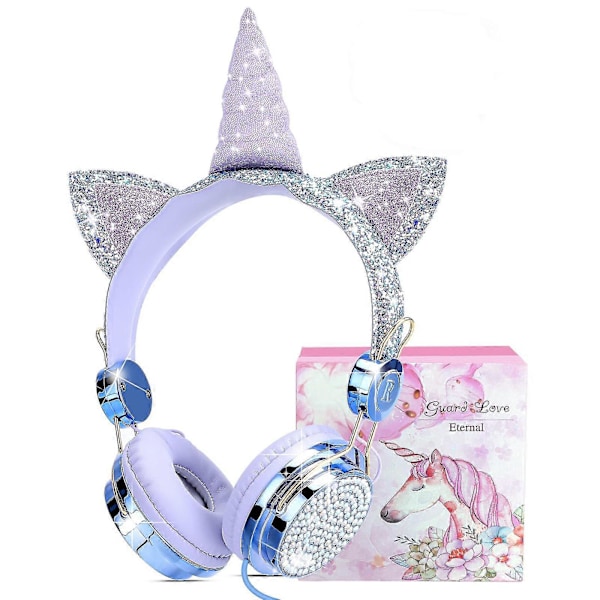 Unicorn-hodetelefoner for barn, jenter og tenåringer, kablede hodetelefoner for barn med justerbar hodebøyle, 3,5 mm jack og flokefri kabel, over øret