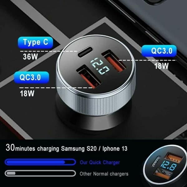 Biloplader - LARGEIGHT - 72W - Dobbelt USB 18W QC 3.0 - 36W PD - Grå LED voltmeter