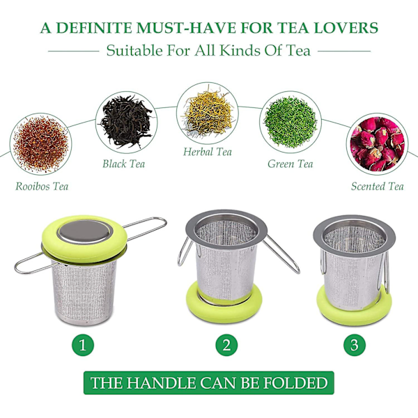 Fenshine Te-infuser i Rustfrit Stål - Te-si - Foldbar Håndtag - Te-filter - Ekstra Fint Masket Si - Brygningskurv Med Låg Til Løse Blade (Grøn