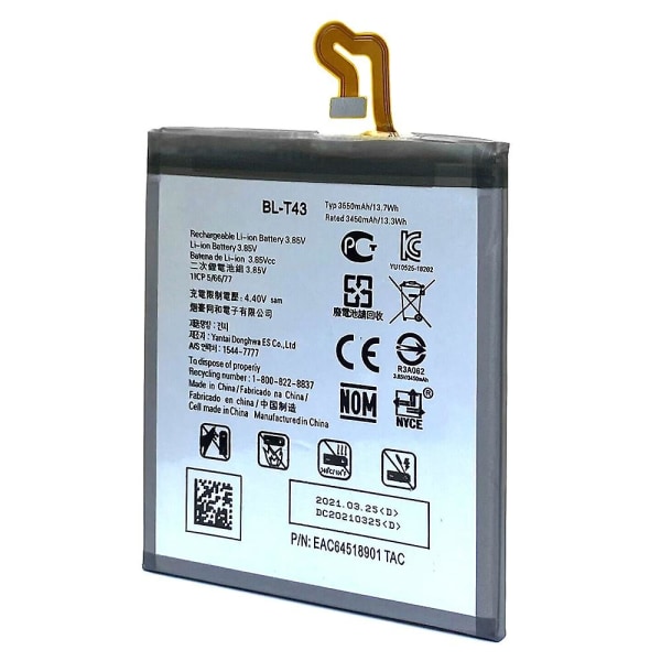 För LG G8s ThinQ 3.85V 3450mAh Li-ion-batteriersättningsdel, koda: BL-T43