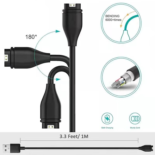 Laderkabel for Garmin Fenix 5/5s/5x/plus/6/6s/6x/pro Smartklokke, Erstatnings-USB-datakabel for synkronisering og lading