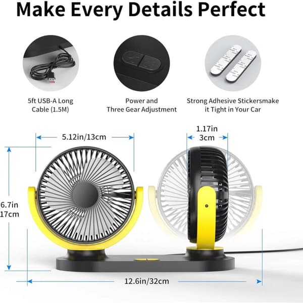 Mini USB blæser med dobbelthoved. 360° rotation. 3 blæserhastigheder. Bærbar blæser - sort og gul.