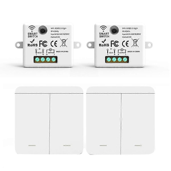 2 st Trådlös Ljusväggsbrytare RF 433Mhz Relämottagare med 2x 2-Gang Panelbrytare LED Fjärrkontroll för LED-lampa