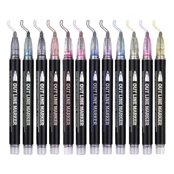 Outline Metallic Markers - Double Line Outline Pennor i 12 färger - Glitter Outline Pennor för att skriva och rita