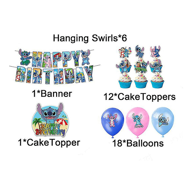 Stitch-tema festpynt Banner Ballonger Kaketopper Sett Gaver