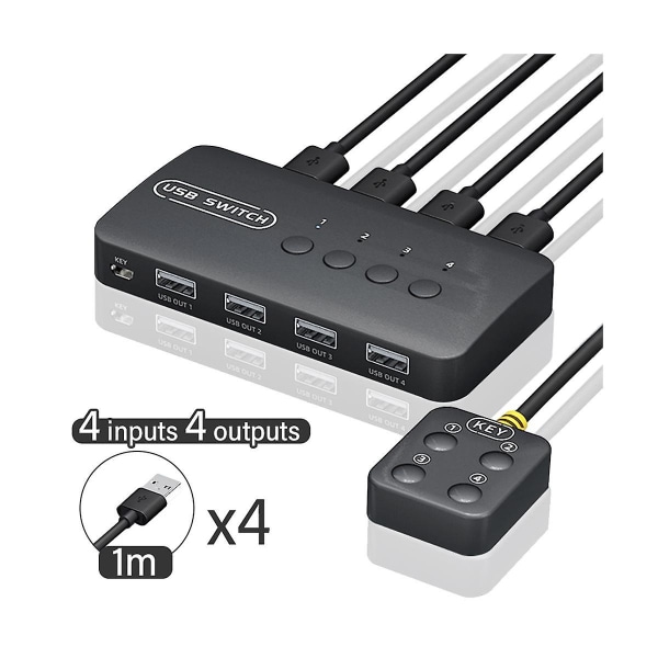 KVM-switch med delad styrenhet, adapter med 4 ingångar och 4 utgångar för bärbar dator, skrivare, tangentbord och mus