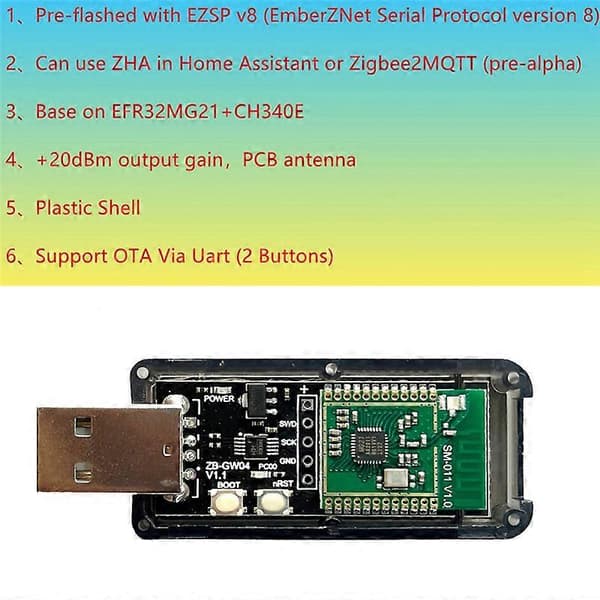 ZigBee 3.0 Silicon Labs Mini EFR32MG21 Universal Åpen Kildekode Hub Gateway USB Dongle Chip Modul ZHA