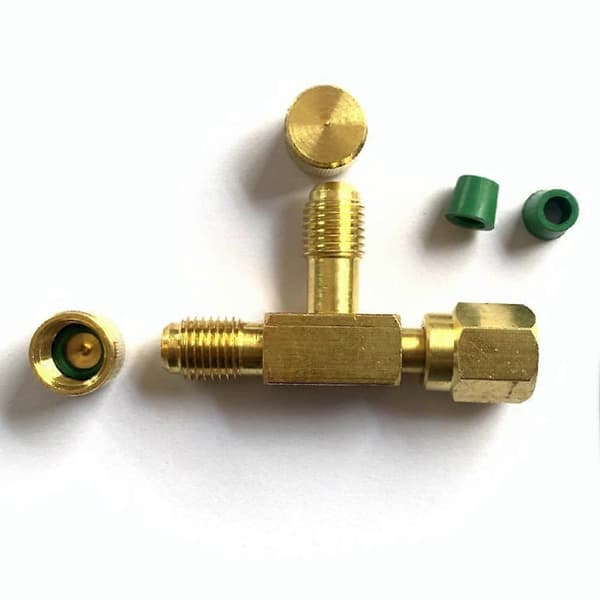 T-adapter med vridbar 1/4 SAE hangänga, nya pumpar, solid mässing, kylserviceventil