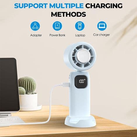 USB genopladelig bærbar ventilator. Mini bærbar ventilator. 5 blæserhastigheder. Sammenklappeligt design med stativ.