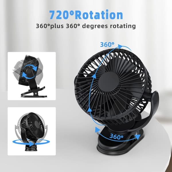 Beiji Art USB Genopladelig Mini Ventilator – 5000 mAh – Tre Ventilatorhastigheder – 360° Rotation – Clip-on Ventilator