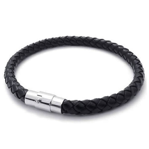 Stainless Steel Leather Bracelet, Braided Leather Bracelet, for Men Women, Black - Width 6mm - Leng