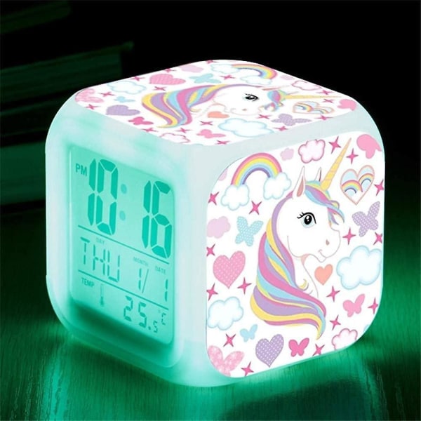 Unicorn digitala väckarklockor, 7 färgskiftande led lcd-kub med lampor Barnväckarklockor, nattduksbord Födelsedagspresent Flicka Pojke Kvinnor Sovrum Vuxen (u