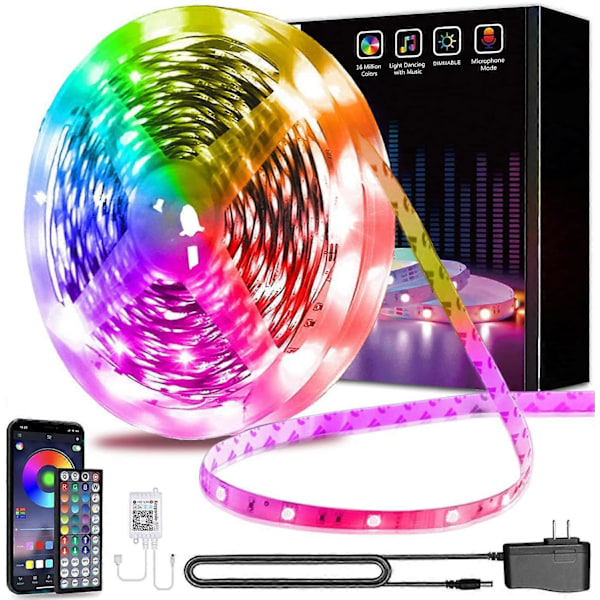15M Bluetooth LED-remsa 5050 RGB LED-remsa Sovrum Flerfärgad Flexibel Ljusremsa, Styrd av Smartphone-APP, Synkronisera med Musikrhythm/Timer
