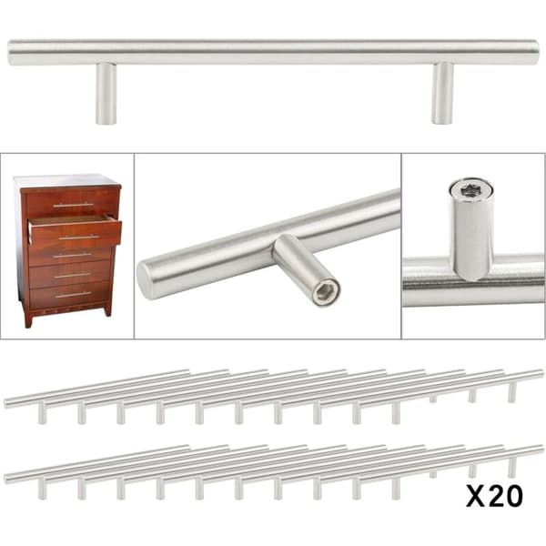 Sett med 20 T-håndtak i rustfritt stål, 150 mm brede, for skuffer og skapdører, 96 mm senter-til-senter