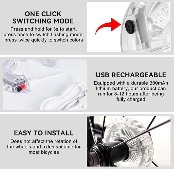 Sykkellykter - 2 deler - Sykkeleikelys - 7 farger - USB oppladbart - Eikelys med bevegelsessensor - LED sykkelhjullys