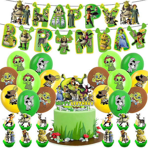 Shrek-teemainen syntymäpäiväjuhlatarvikkeet, sisältää bannerin, kakun, cupcake-koristeet, ilmapalloja ja koristeita