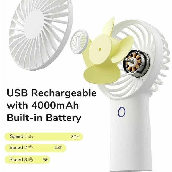 Bærbar ventilator. Mini lommeventilator. Lille USB genopladelig ventilator med 3 hastigheder - Hvid.