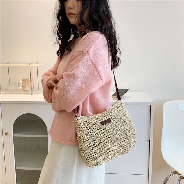 Sommarhalm Crossbody-väska Dam Strand Semester Vävd Axelväska Handväskor Beige