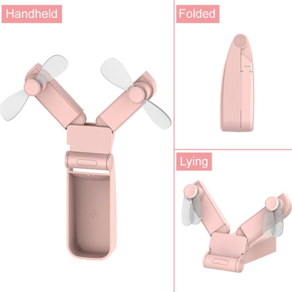 Bærbar USB-blæser, dobbelt hoved, foldbar, mini, ManoMano, pink, ABS, 97g, 103x44x36mm, 1 stk., foldbart design