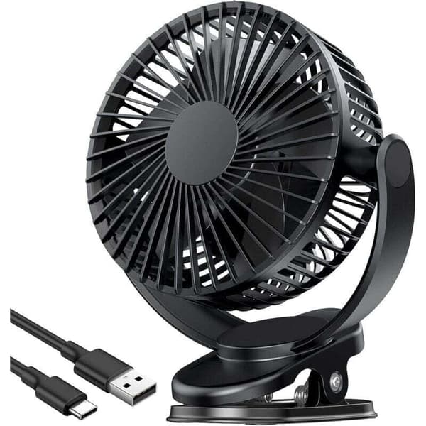 10 cm USB clip-on ventilator med indbygget 5000mAh batteri. Mini bærbar bordventilator. 3 ventilatorhastigheder.