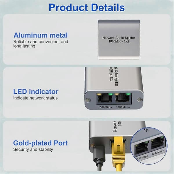 Ethernet Splitter 1 til 2 Højhastigheds Gigabit Ethernet Switch 2 Port Internet RJ45 LAN Splitter til Ca