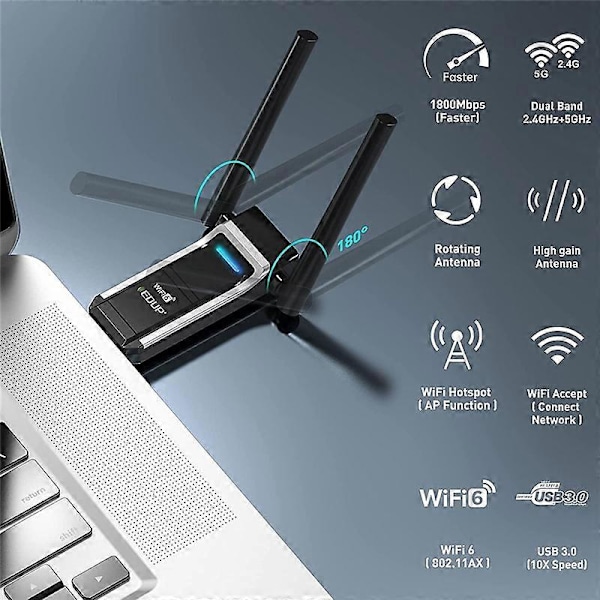 EDUP AX1800M USB WIFI 6 Adapter 802.11Ax for PC, USB 3.0 Wifi Dongle 5 GHz/2.4 GHz Høy Gain Trådløs