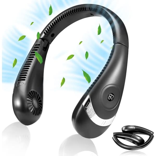 Bærbar halsventilator - USB-halsventilator med indbygget genopladeligt batteri, foldbart pandebånd og display - Sort