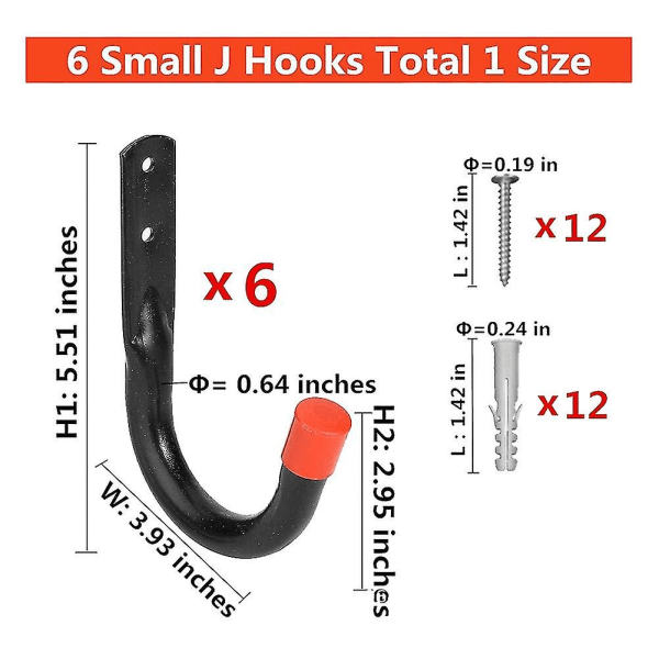 6-pakks Heavy Duty Garasjeoppbevaring J Nyttehooks, Nyttehooks Sykkelveggmontert Stativ for Garasjevegg