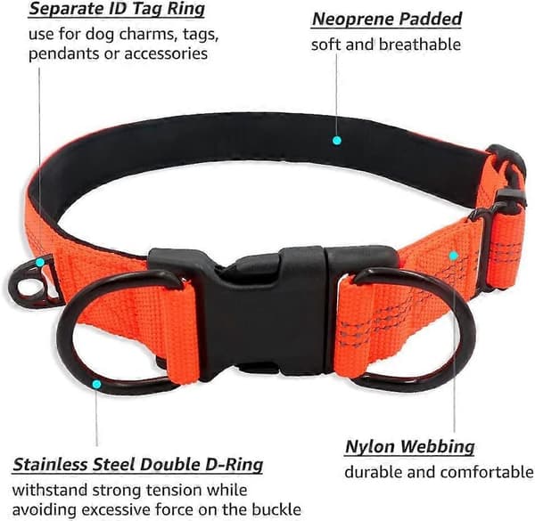Justerbart hundhalsband, reflekterande nylonneopren med Acsergery separat ID-ring och dubbel D-ring, present