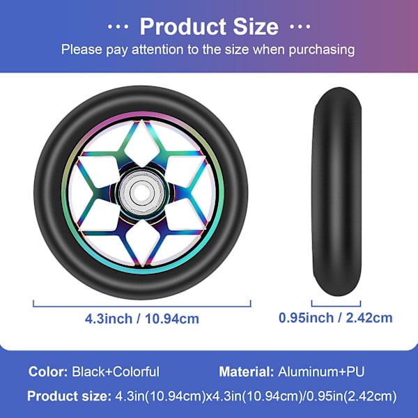 2 kpl Scooter-tarvikkeita 110 mm Scooter-pyöriä Värikkäitä Pu-pyöriä Paksuja Stunt-auton pyöriä Laakereilla