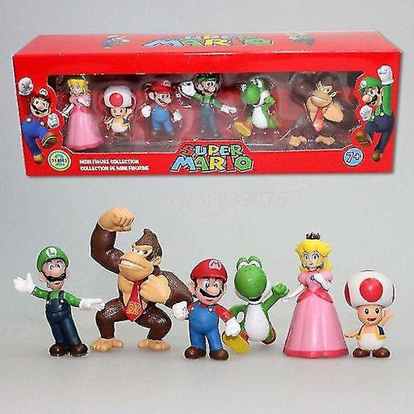 Super Mario Actionfigurer Leksaksuppsättning med 6 Mariofigurer med Luigi Princess Peach Yoshi Donkey Kong och Toad Dekoration Tårtdekorationer Boxade