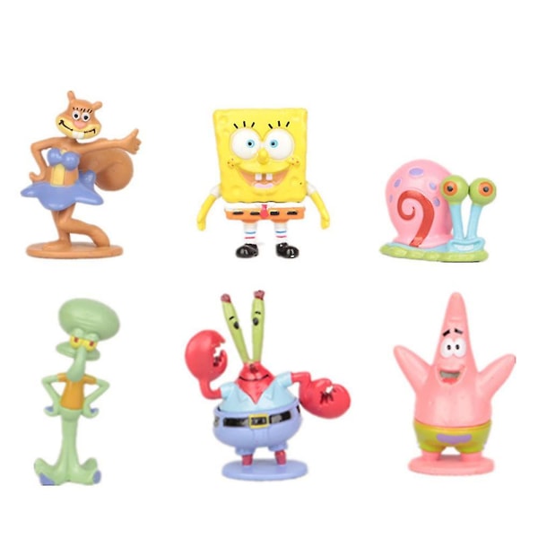 6 stk/sett Spongebob Squarepants Figurleker Samleobjekt Modell Dukke Mini Figurer Sett Kake Topper Dekorasjon Festgave Forbruksvarer Gaver