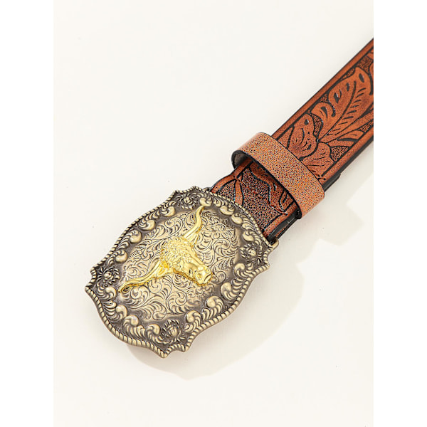 Herrar Västerländsk Präglad Läderbälte Med Guld Denim Longhorn Mönster Blommig Gravyr Spänne Bälte