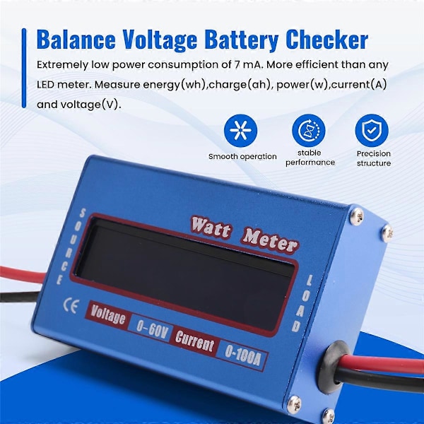 Digital Wattmeter Wattmätare Effektmätare DC 60V 100A Balans Spänning Batterikontroll