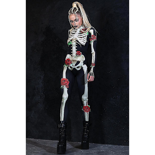 Halloween Kostume til Kvinder 2024, Enkeltdelt Skelet Kostume med Roser, Dødedag Kostume, Skelet Bodysuit, Halloween Voksen Kostume-ZZY