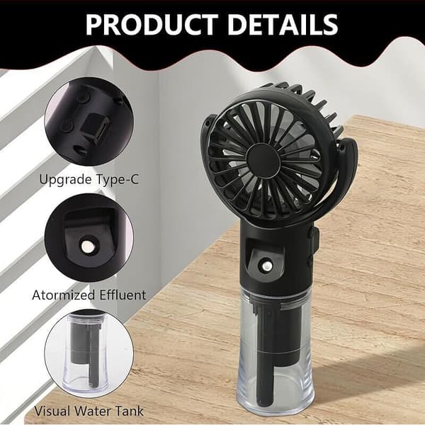 Mini bærbar USB genopladelig ventilator - 4 blæserhastigheder - ultra-stille - med snor - sort