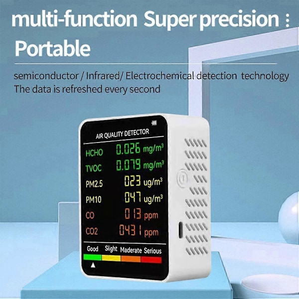 6-i-1 PM2.5 PM10 HCHO TVOC CO CO2 Luftkvalitetsdetektor CO CO2 Formaldehydmonitor Hemmakontor Luft