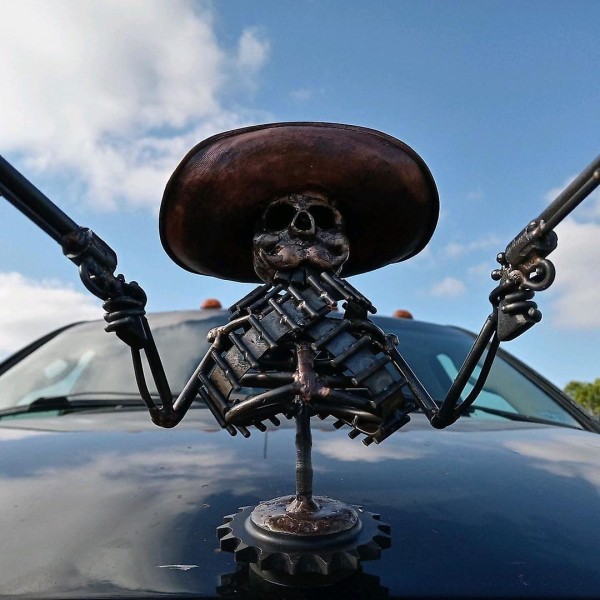 Cowboy Skull Car Hood Ornament, Gunslinger Skull Hood Ornament 3d Metal Skeleton Statue Retro Car Truck Skull Sculpture Decor