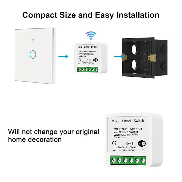 4 stk. WiFi Smart Switch Lysbryter, APP Fjernkontroll, Stemmekontroll, DIY-modus, Timerfunksjon, LA