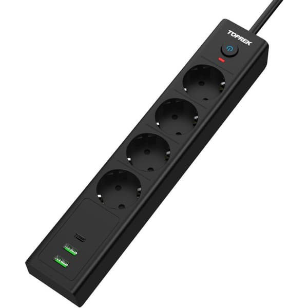 TOPEREK 4-vägs EU-grenuttag, 4000W 16A, 2m kabel, USB ingår ej, PC V-0, säkerhetsskydd